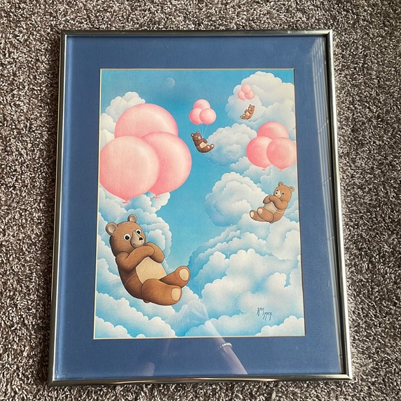 🎈 Andy Mack Vintage 1983 Framed Glass Poster - Bears in Clouds with Balloons - Picture 1 of 4